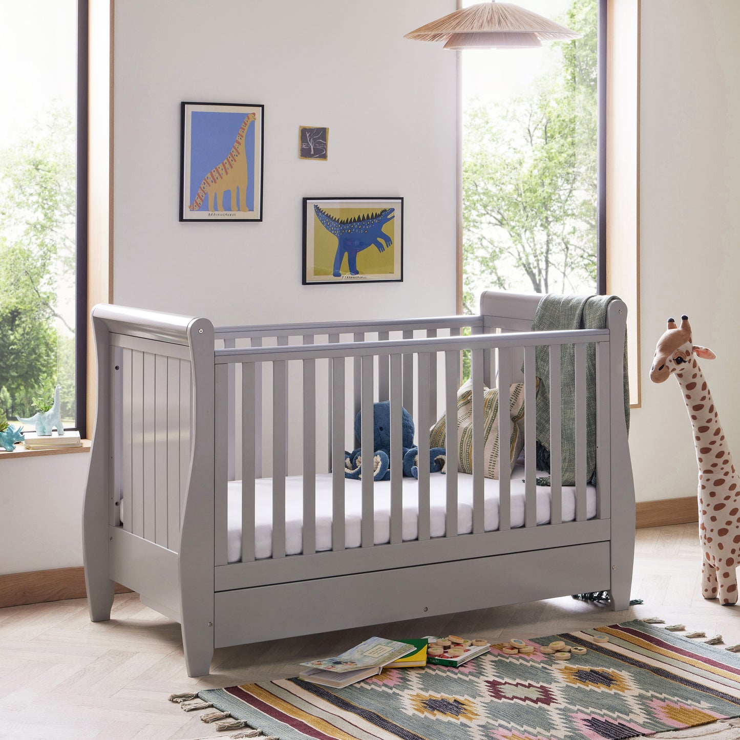 BABYMORE - Stella Sleigh Cot Bed Drop Side GREY