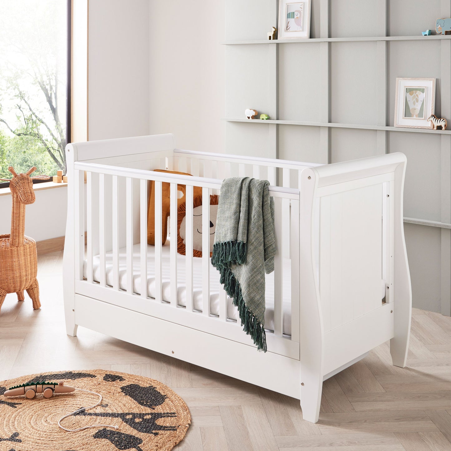 BABYMORE - Stella Sleigh Cot Bed Drop Side WHITE