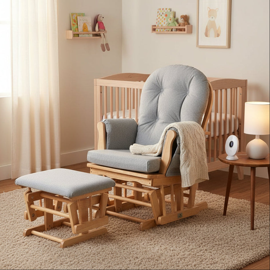 Johnston's Brompton Deluxe Baby Nursing Glider & Footstool – Suedette Comfort with Smooth Glide, Natural / Grey