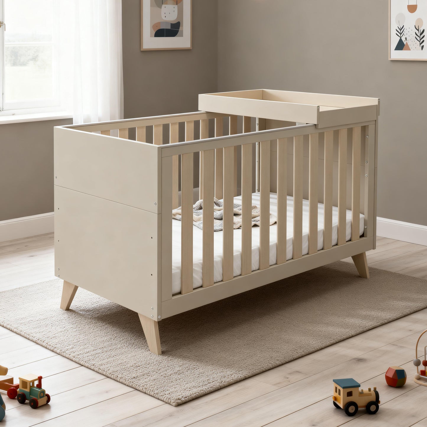 BABYMORE - Dante Cot Bed with Cot Top Changer – Cashmere