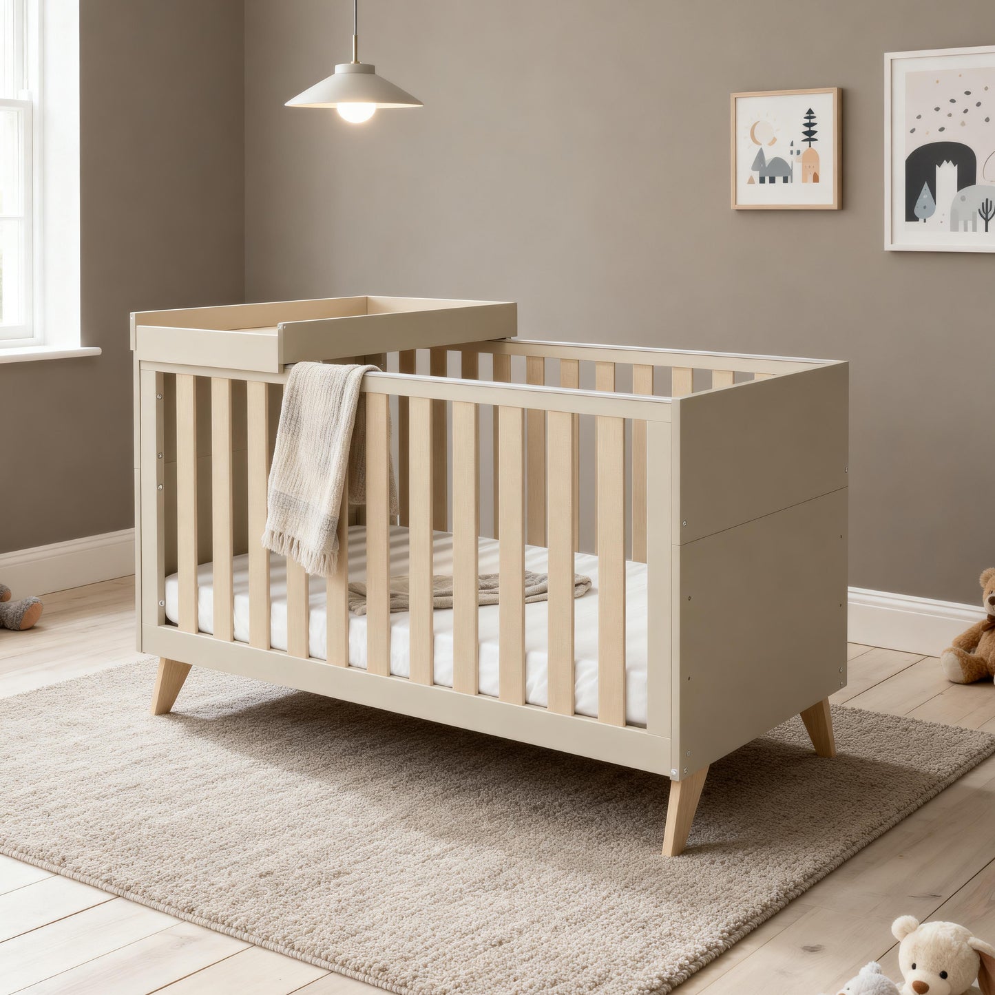 BABYMORE - Dante Cot Bed with Cot Top Changer – Cashmere