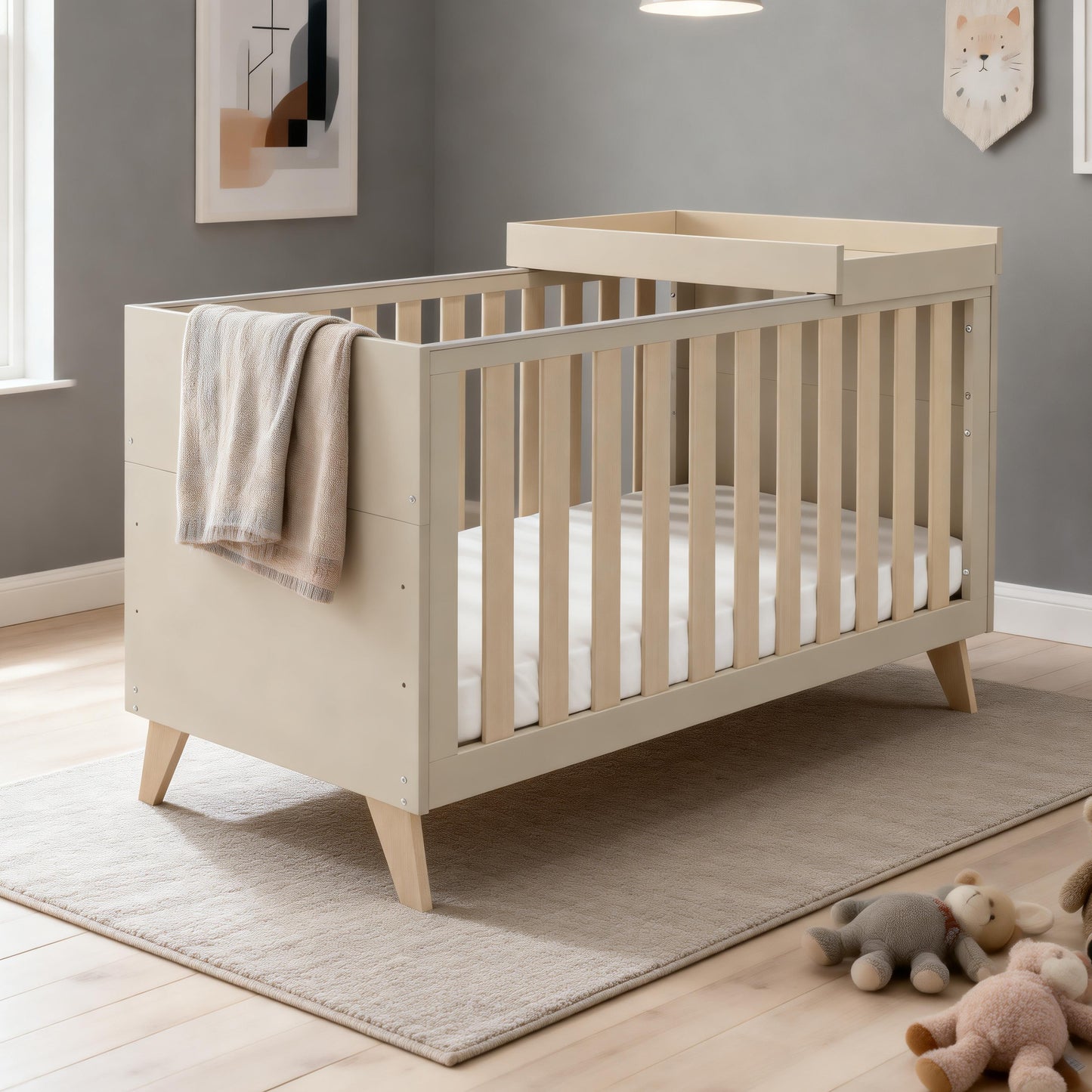 BABYMORE - Dante Cot Bed with Cot Top Changer – Cashmere