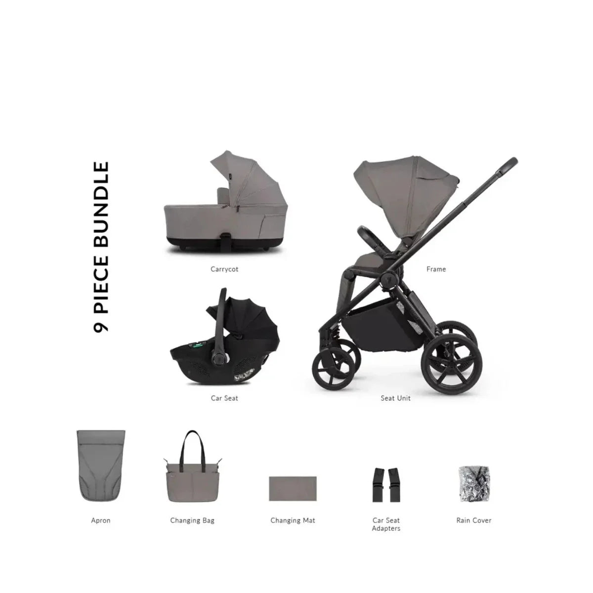 Venicci Claro 2 3-in-1 9 piece Comfort Bundle - Black/Fog